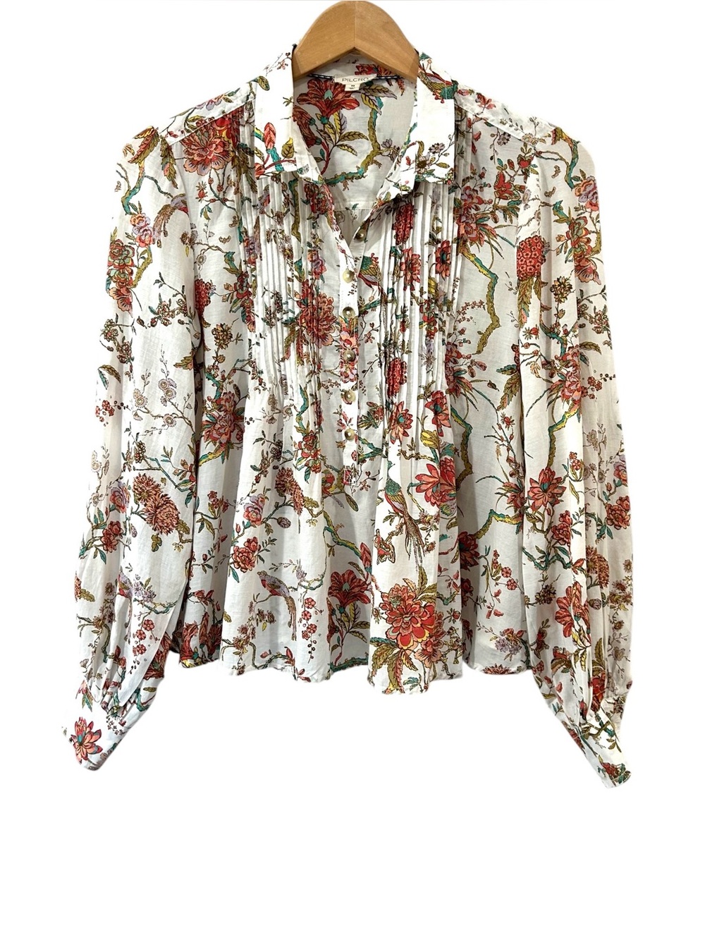 Anthropologie Pilcro floral Peacock top blouse XS ivory red lightweight popover